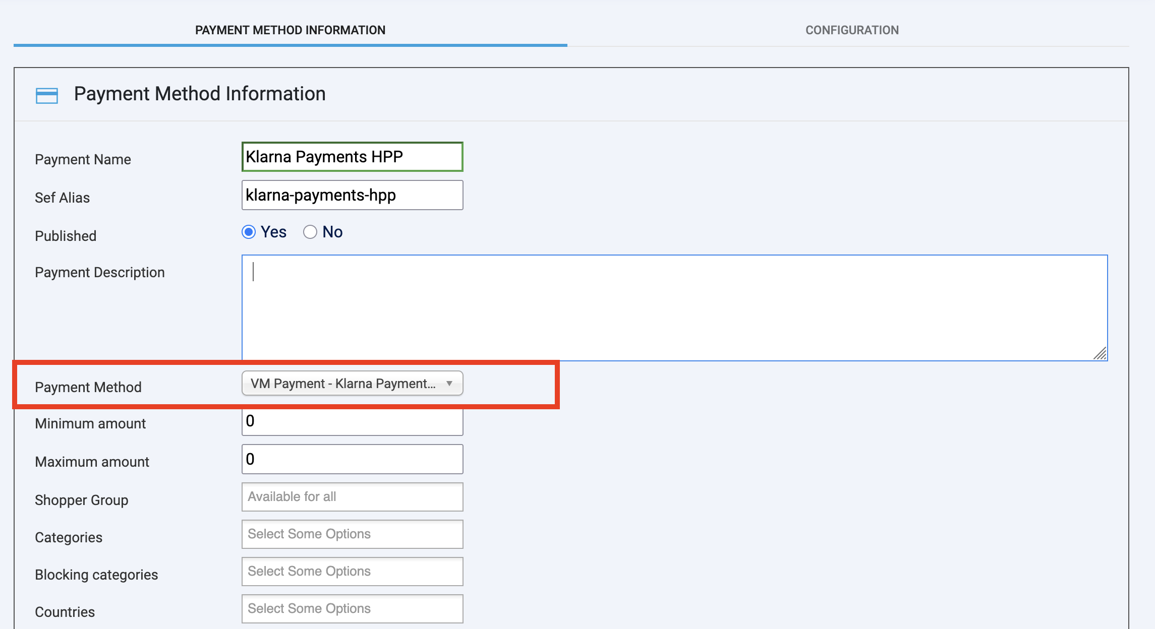 Klarna Payments HPP payment method - VirtueMart. Payment Method Information tab